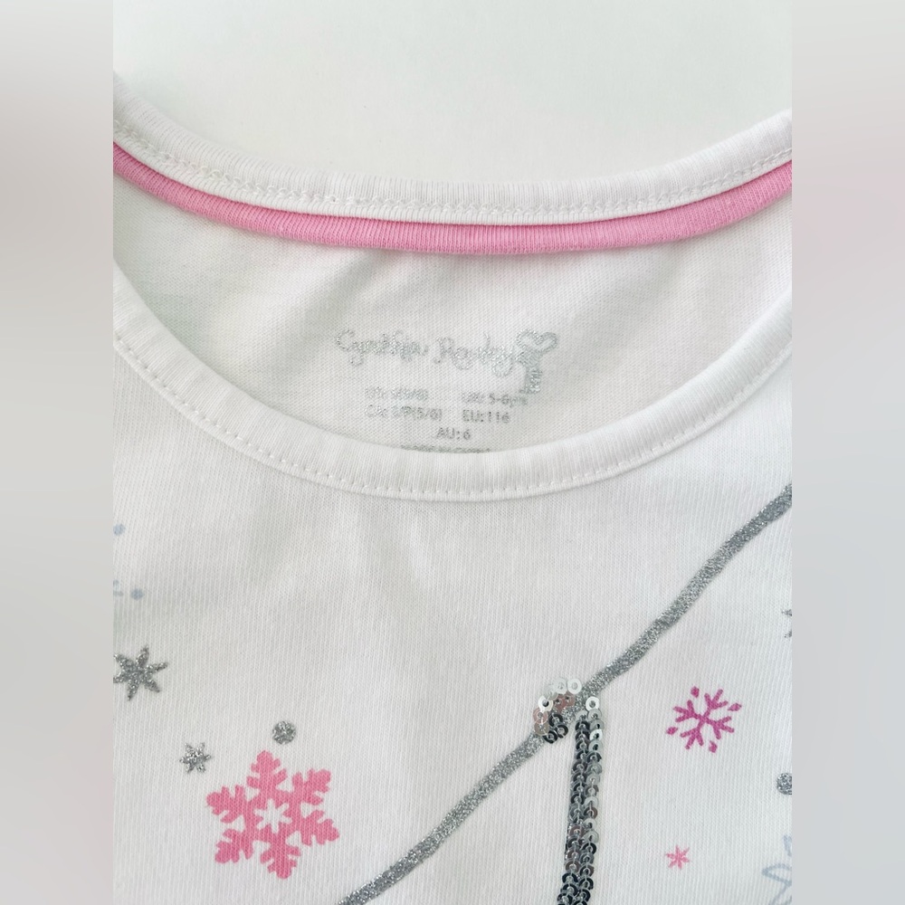 Cynthia Rowley White & Pink Long Sleeve Tee w/Sequins, Ski Print | Girls S (5/6) - Picture 4 of 6